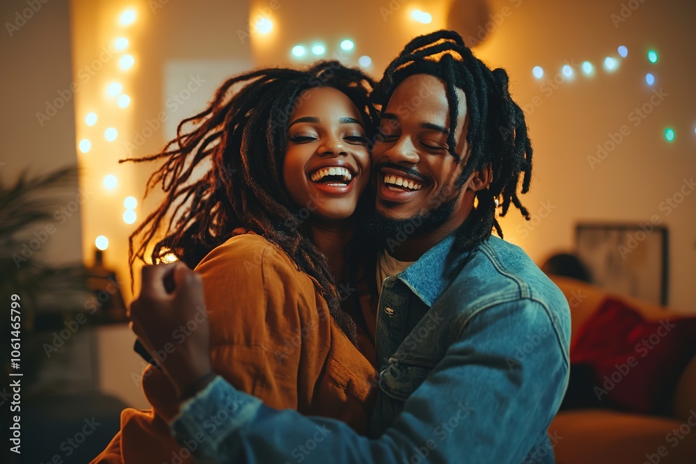 Happy couple embracing with warm smiles, cozy room lighting Happy couple embracing with warm smiles, cozy room lighting