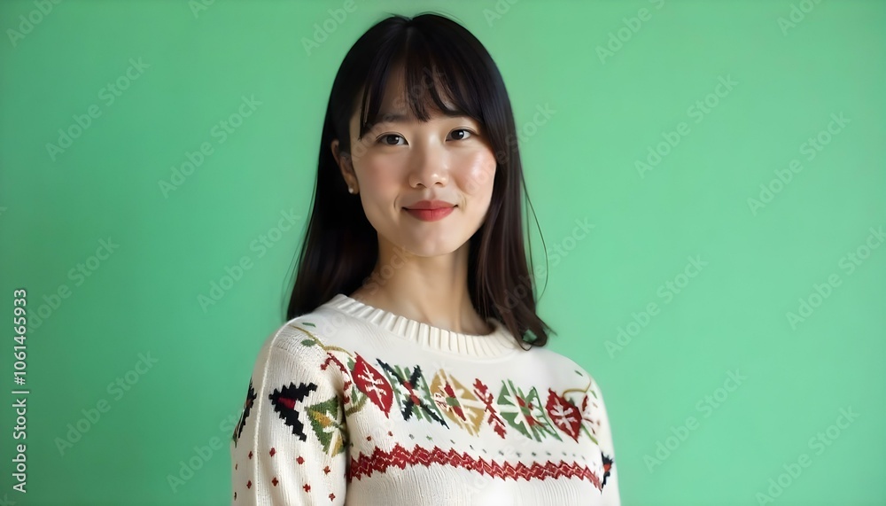 Smiling Asian woman wearing a Christmas jumper sweater isolated on a green background with copy space Smiling Asian woman wearing a Christmas jumper sweater isolated on a green background with copy space