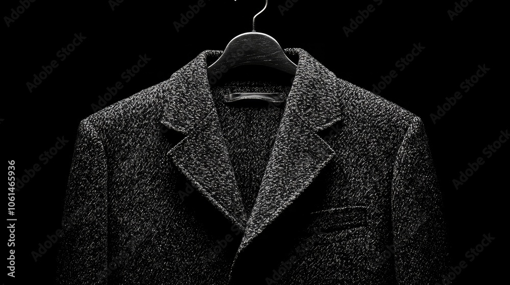 Elegant Black Coat on Hanger with Dramatic Lighting Elegant Black Coat on Hanger with Dramatic Lighting