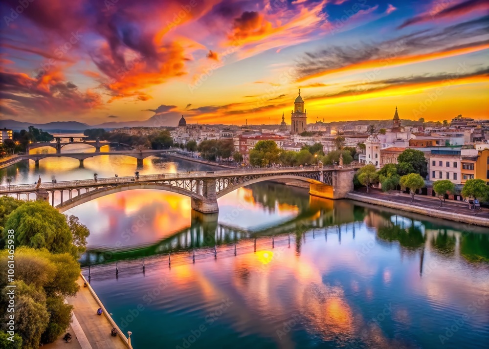 Naklejka premium Panoramic View of Triana Bridge in Seville, Spain at Sunset - Captivating Golden Hour Reflections, Architectural Beauty, Scenic River, and Vibrant Colors in a Serene Urban Landscape