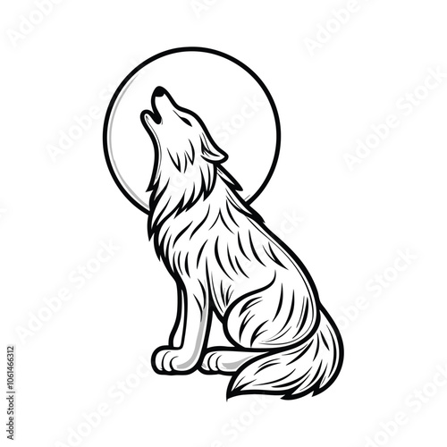 A simplified line art illustration of a wolf howling at the full moon, with a minimal background.