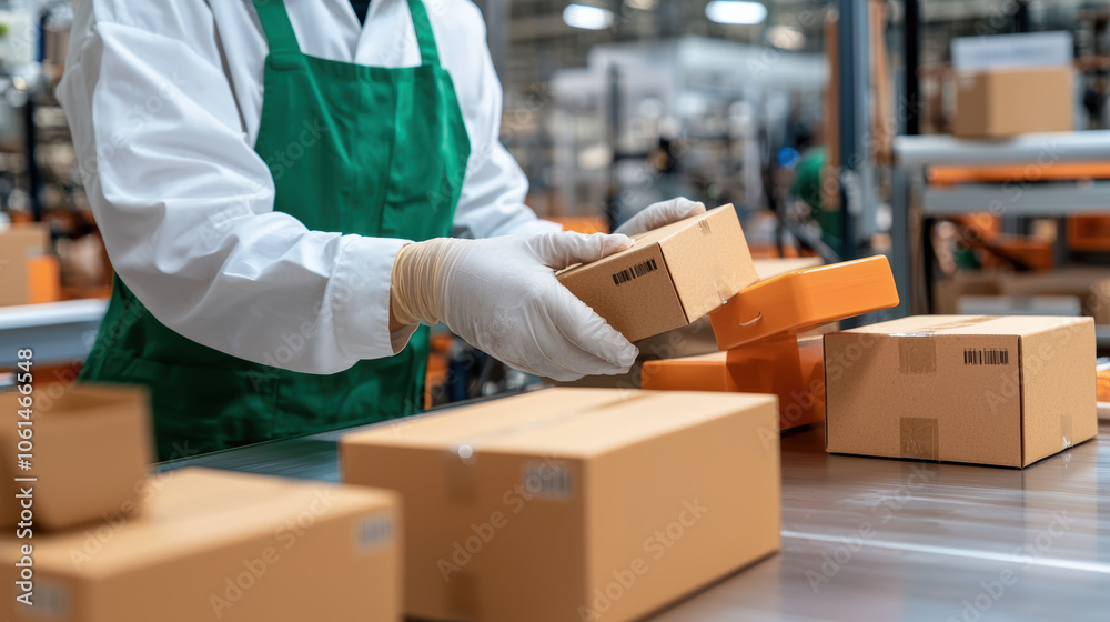 Efficient worker in green apron packing boxes in warehouse setting, showcasing organization and productivity Efficient worker in green apron packing boxes in warehouse setting, showcasing organization and productivity