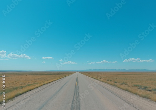 A wide-angle photograph of an empty highway in the middle of the American desert with a clear blue sky, cinematic in style, beautiful yet melancholic, minimalistic with muted tones.