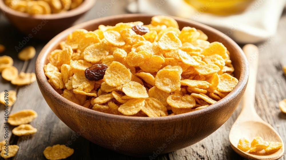 Rustic bowl of honey cornflakes with almonds, raisins, and honey drizzle, served with a wooden spoon and cozy breakfast decor Rustic bowl of honey cornflakes with almonds, raisins, and honey drizzle, served with a wooden spoon and cozy breakfast decor