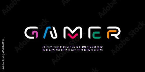 Modern font alphabet from multi-colored segment line, minimal technology style letters, and numbers, vector illustration 10EPS