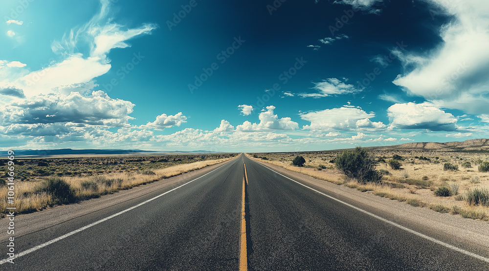 Naklejka premium A wide-angle photograph of an empty highway in the middle of the American desert with a clear blue sky, cinematic in style, beautiful yet melancholic, minimalistic with muted tones.