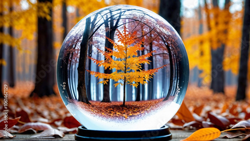 Panorama of the autumn forest reflected in a glass ball