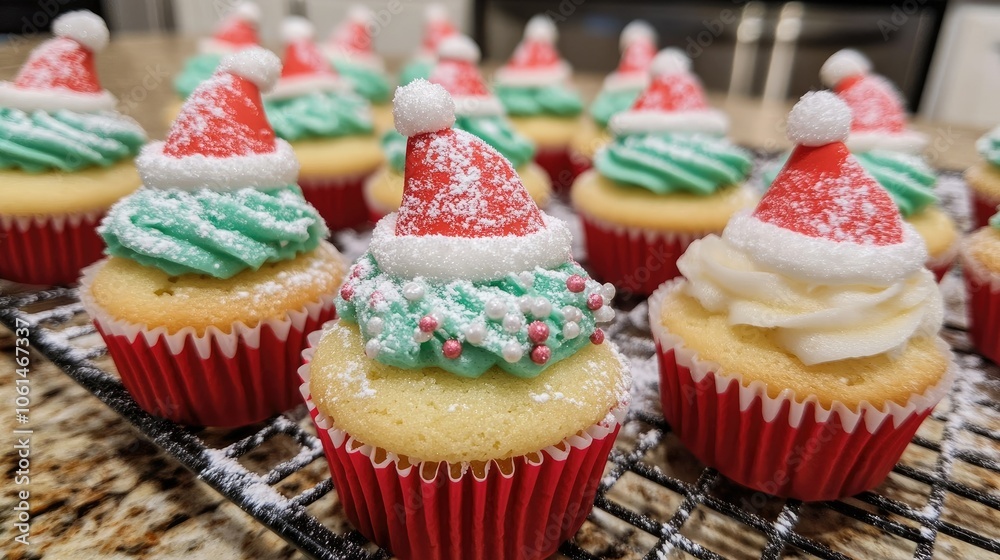Small cupcakes with holiday themes, including Santa hats and snowflakes, with powdered sugar for a snowy effect Small cupcakes with holiday themes, including Santa hats and snowflakes, with powdered sugar for a snowy effect