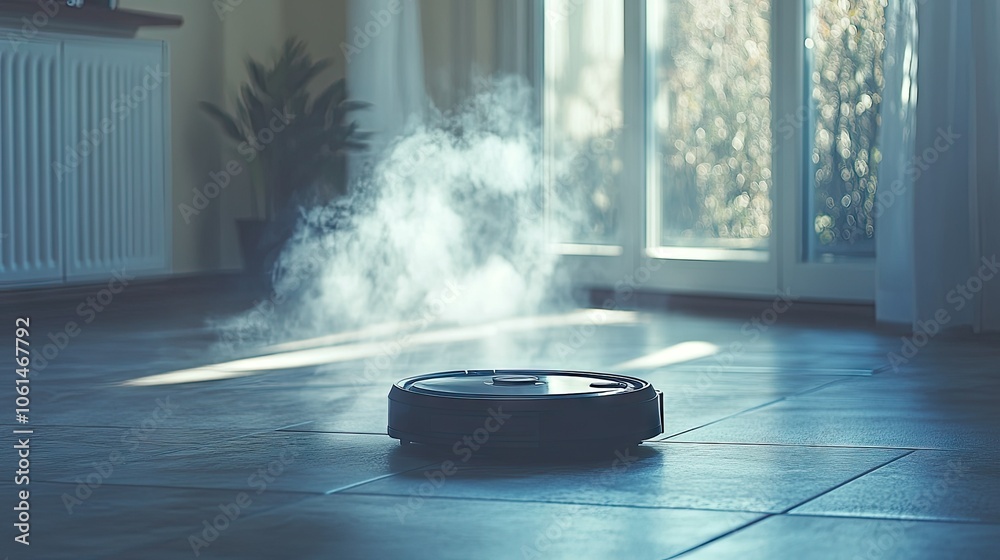 Smart vacuum cleaner gathering dust on a tile floor, with a clean, sunlit room in the background, demonstrating efficient hands-free cleaning Smart vacuum cleaner gathering dust on a tile floor, with a clean, sunlit room in the background, demonstrating efficient hands-free cleaning