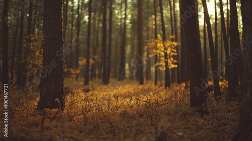 A serene forest scene with tall trees and autumn foliage creating a tranquil atmosphere.