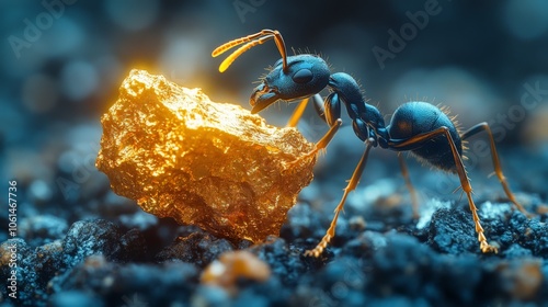 A six-legged black ant stands up on its hind legs, resembling a human standing on the ground, with four legs on the ground and two front paws holding up a massive golden ingot. The ingot is higher tha photo