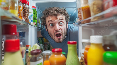 A hungry man opened his refrigerator, looking for something to eat. The fridge was full of food, drinks, and condiments.
