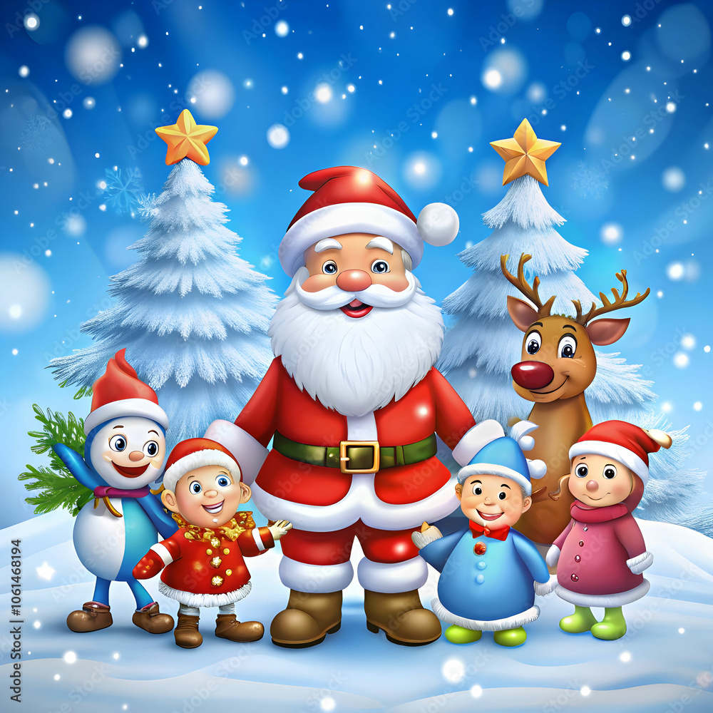Santa Claus with friends on snowy blue background Santa Claus with friends on snowy blue background