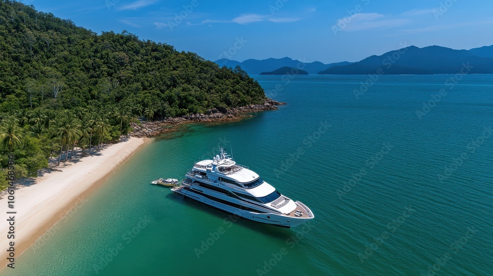 Fototapeta premium A luxury yacht is elegantly anchored beside a pristine tropical island, symbolizing opulence and tranquility amid vibrant turquoise waters.