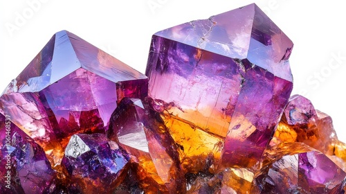 Vibrant amethyst crystals with orange accents against white background photo