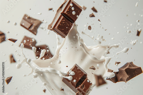 Pieces of delicious broken chocolate float in splashes of milk. Dinamyc white background. Food concept.


 photo