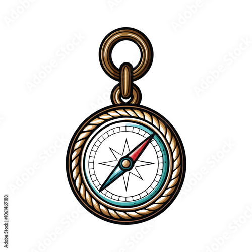 A stylized compass with curved edges, featuring a circular design and intricate details.