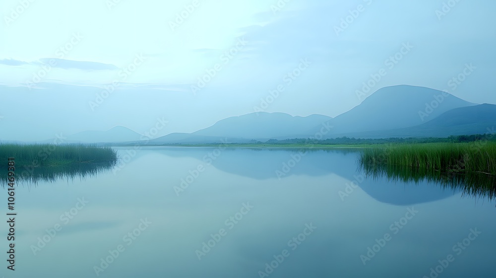 Fototapeta premium Scenic view of a serene lake with a reflection of mountains