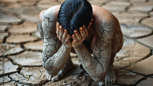 A figure crouches on parched, cracked land, their body covered in dry earth, expressing profound sadness and loneliness in a desolate environment