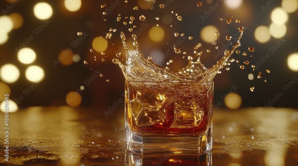Whiskey splashing into a tumbler, with golden bokeh lights in the background for a refined, festive look Whiskey splashing into a tumbler, with golden bokeh lights in the background for a refined, festive look