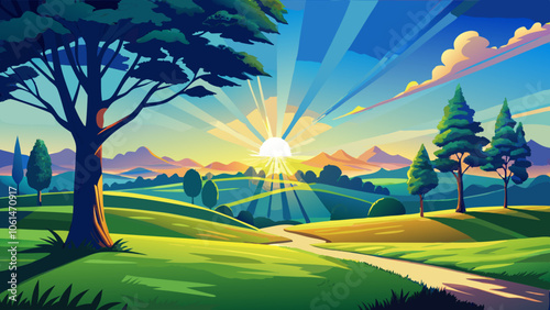 The sun shining through a tree on a green meadow, a panoramic vibrant rural landscape with clear blue sky before sunset