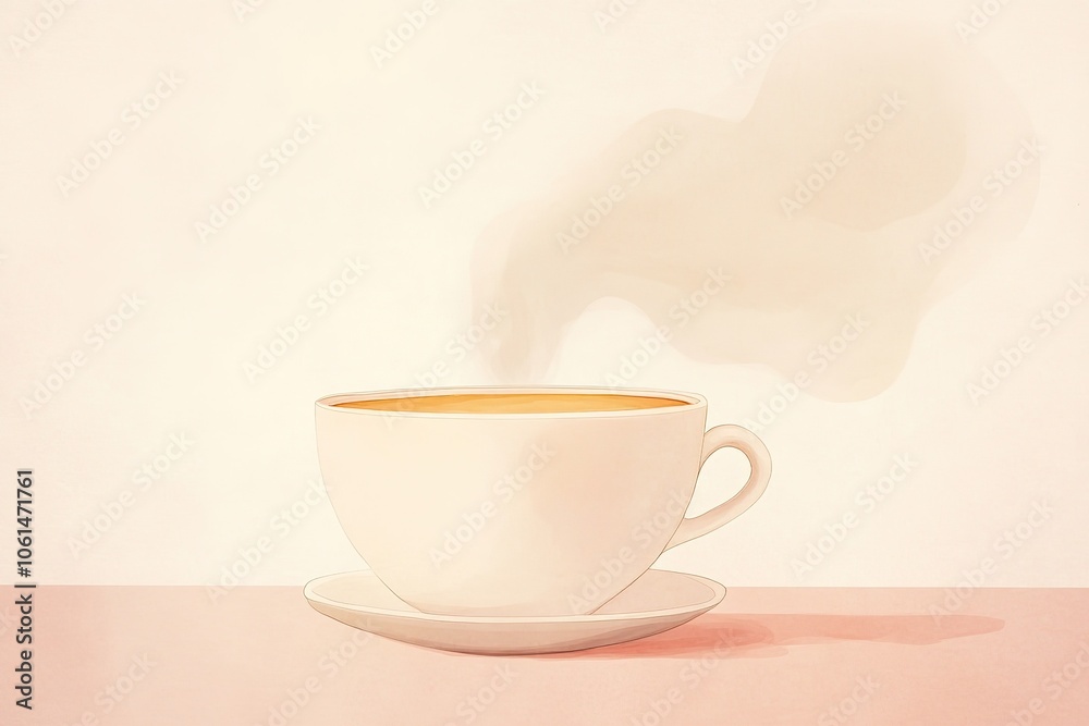 Warm cup of coffee with steam on pastel background Warm cup of coffee with steam on pastel background