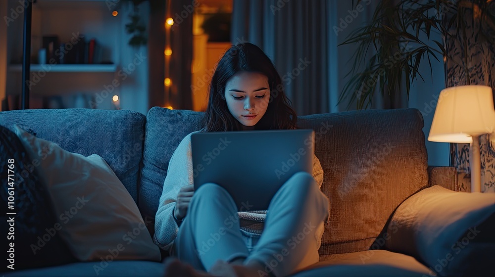 Focused millennial girl sitting on sofa and working on laptop, browsing internet at home during lazy weekend, focused young female freelancer busy with computer surfing. Focused millennial girl sitting on sofa and working on laptop, browsing internet at home during lazy weekend, focused young female freelancer busy with computer surfing.