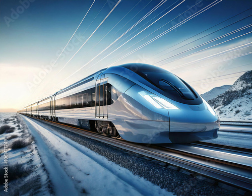 Futuristic High-Key Landscape Featuring a Sleek Train Gliding Along Semiconductor Tracks, Bathed in Soft Light, Creating a Vision of Modern Transportation and Advanced Technology in a Serene Environme photo