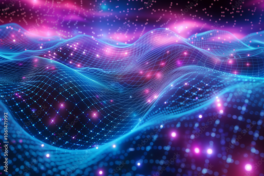 Obraz premium Synthwave wireframe net illustration with smoke or fog. Abstract digital background. 80s, 90s Retro futurism, Retro wave cyber grid. Deep space surfaces. Neon lights glowing. Starry background. Vector
