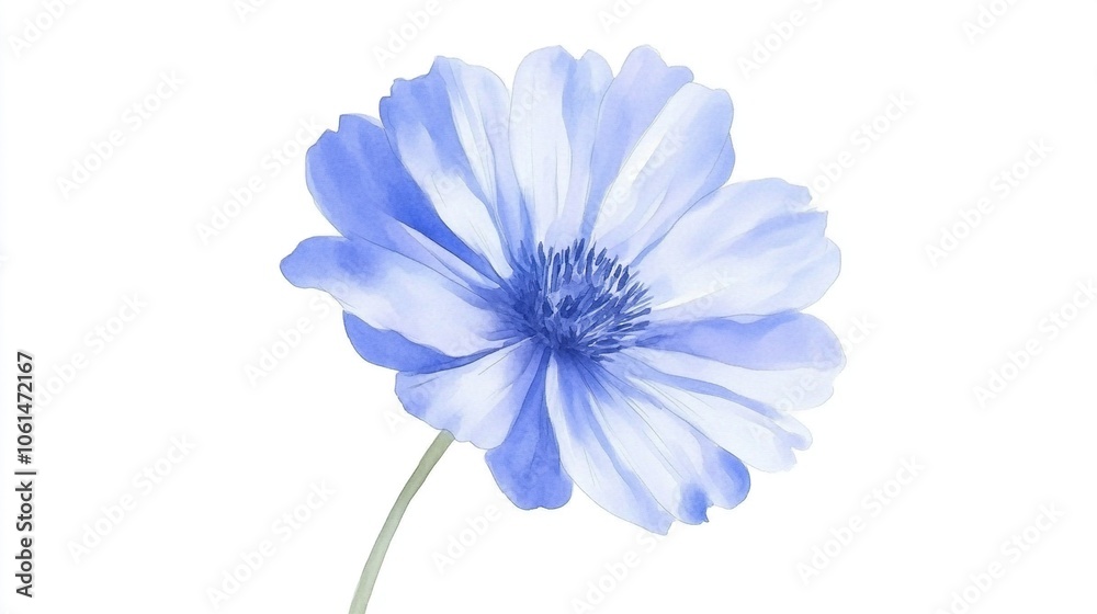 Obraz premium Serenity in Bloom: A Hand-Drawn Small Blue Flower in Watercolor on a Crisp White Background