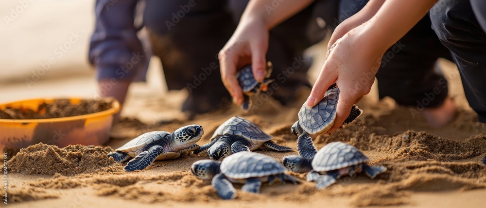 © Jirapron - A group of baby turtles are being fed by people on the beach © Jirapron - A group of baby turtles are being fed by people on the beach