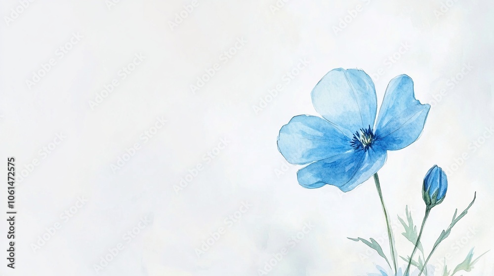 Serenity in Bloom: A Hand-Drawn Small Blue Flower in Watercolor on a Crisp White Background