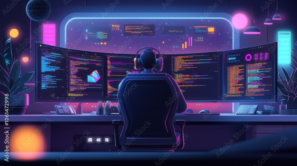 A person in a futuristic setting, with multiple screens displaying code and data, immersed in a digital environment. Neon lights create a vibrant atmosphere.