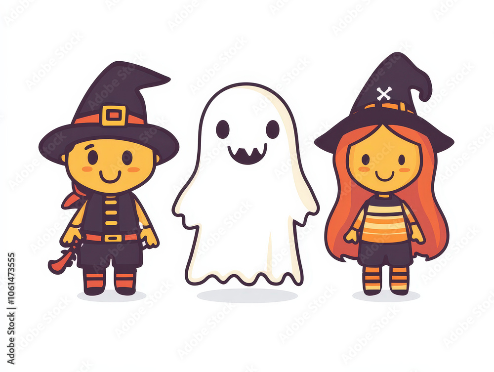 A Spooky Halloween Scene with Ghosts and Witches Hats A Spooky Halloween Scene with Ghosts and Witches Hats