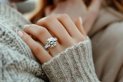 Close-up of a Sparkling Diamond Engagement Ring on a Woman's Hand Wrapped in a Cozy Knit Sweater