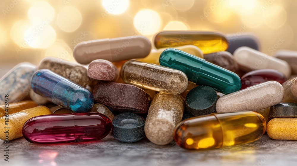 A vibrant collection of assorted pills illuminated by warm, colorful lighting, creating a vivid and intriguing composition. A vibrant collection of assorted pills illuminated by warm, colorful lighting, creating a vivid and intriguing composition.