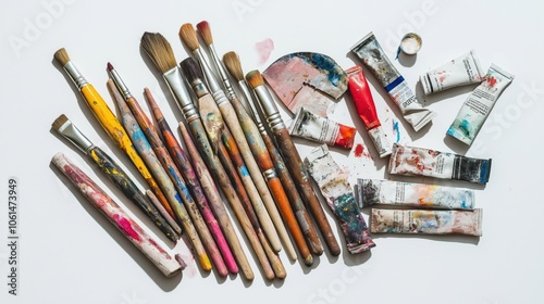 A vibrant collection of paint tubes, brushes, and colorful palettes rests on a surface, illuminated by soft natural light, capturing the essence of a creative art session. photo