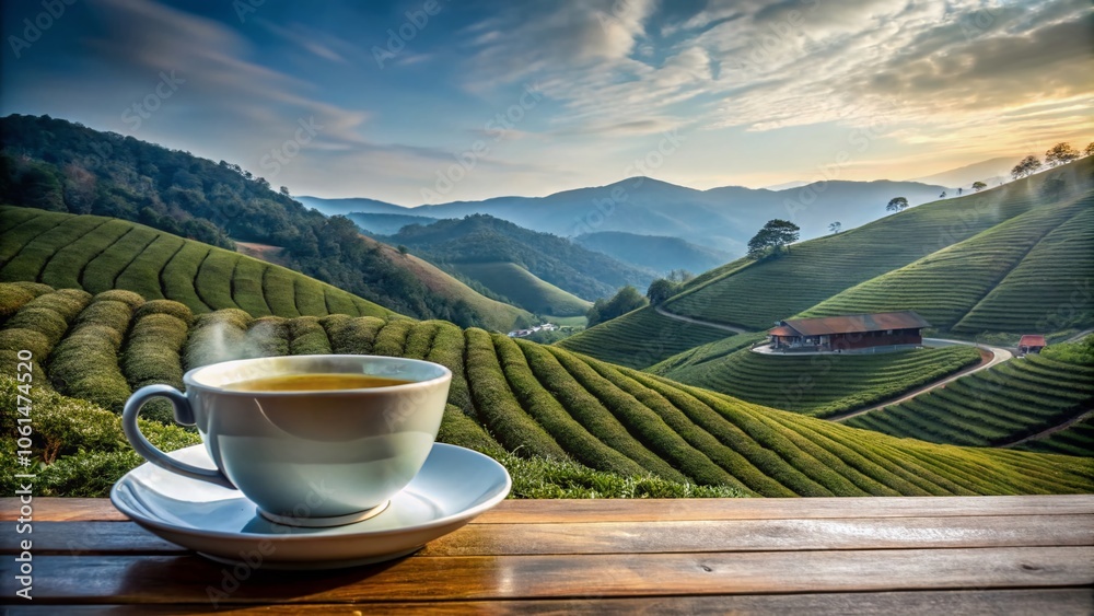 Royal Cup of Green Tea Surrounded by Lush Green Tea Fields - Serenity in Nature's Embrace, Refreshing Beverage, Tea Culture, Herbal Harmony, Scenic Landscape Photography Royal Cup of Green Tea Surrounded by Lush Green Tea Fields - Serenity in Nature's Embrace, Refreshing Beverage, Tea Culture, Herbal Harmony, Scenic Landscape Photography