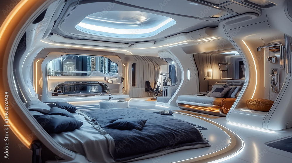 3D Abstract Living Room: Modern, Futuristic Apartment with Virtual Dreamy Interior and Fractal-Inspired Design for a Unique Living Space