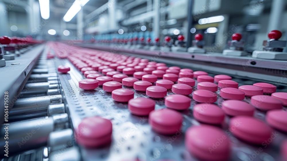 Pink tablets move along a production line in a pharmaceutical facility, showcasing the efficiency of modern manufacturing processes Pink tablets move along a production line in a pharmaceutical facility, showcasing the efficiency of modern manufacturing processes