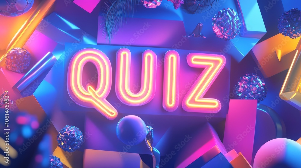 The word QUIZ is displayed in bold, neon-lit letters with a glowing effect. The word QUIZ is displayed in bold, neon-lit letters with a glowing effect.