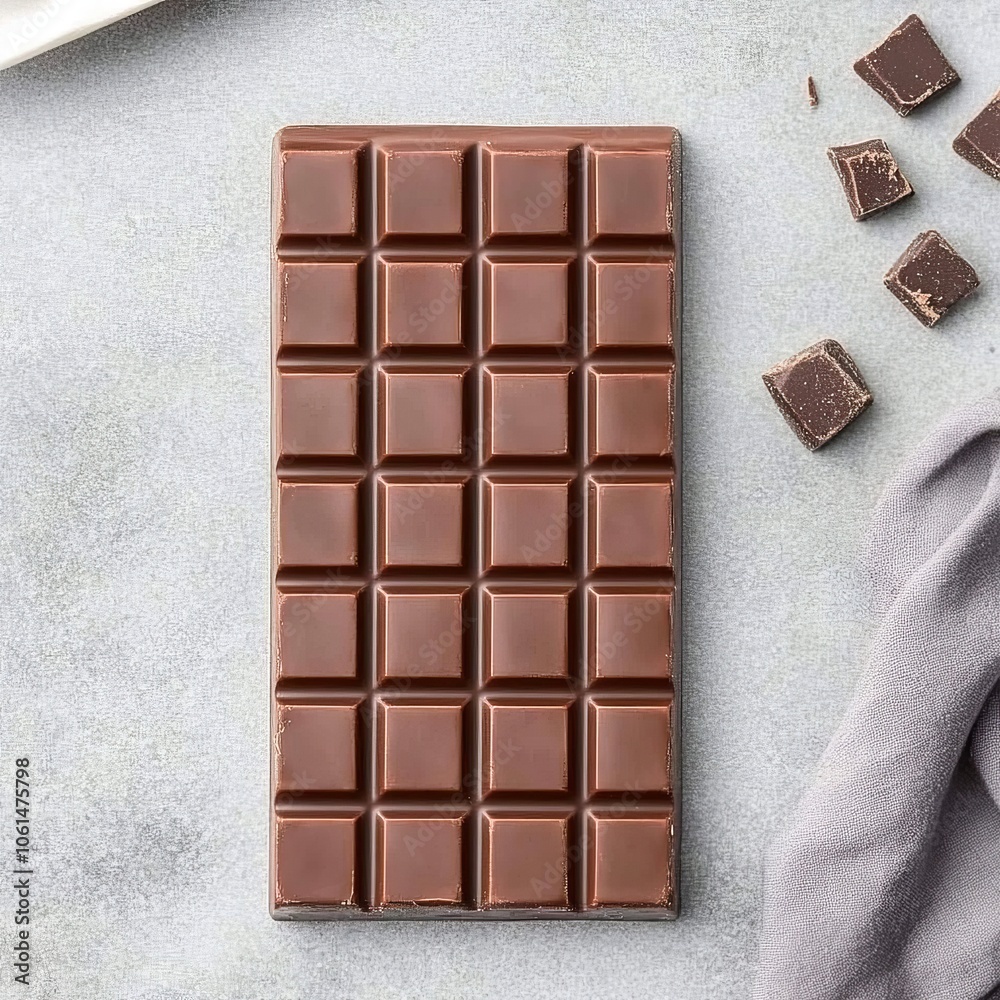 Obraz premium A whole bar of dark chocolate on a grey background.