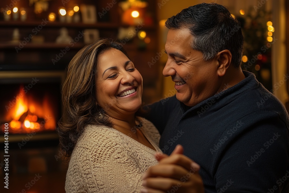Couple smiling warmly by cozy fireplace Couple smiling warmly by cozy fireplace