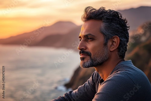 Man contemplating sunset over ocean, serene mood
