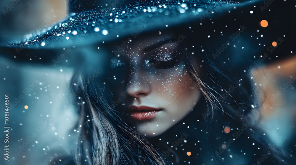 A mysterious witch with a sparkling black hat and starry makeup. A mysterious witch with a sparkling black hat and starry makeup.