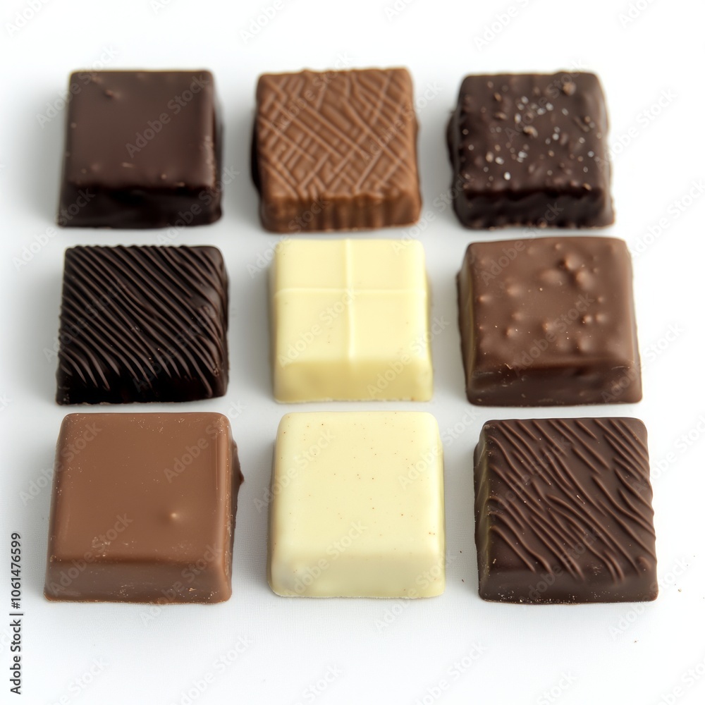 Nine assorted chocolate squares arranged in a grid pattern on a white background. Nine assorted chocolate squares arranged in a grid pattern on a white background.