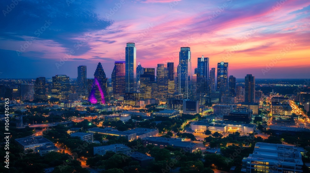 Fototapeta premium Vibrant City Skyline at Sunset, Urban Landscape Glowing with Warm Colors