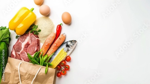 Top view of a shopping bag filled with fresh healthy foods including vegetables, fish, meat, eggs, pasta, and rice on white background, perfect for health and nutrition concept, space for text.