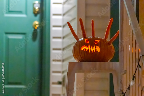 A menacing jack-o'-lantern with carrot-like appendages sits on a small table near a green door. photo