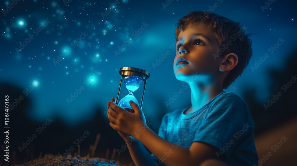 young boy sitting with hourglass under blue night sky young boy sitting with hourglass under blue night sky